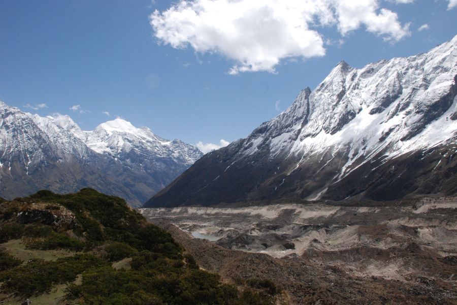 Snow-capped Himalayan peaks above glacial valley